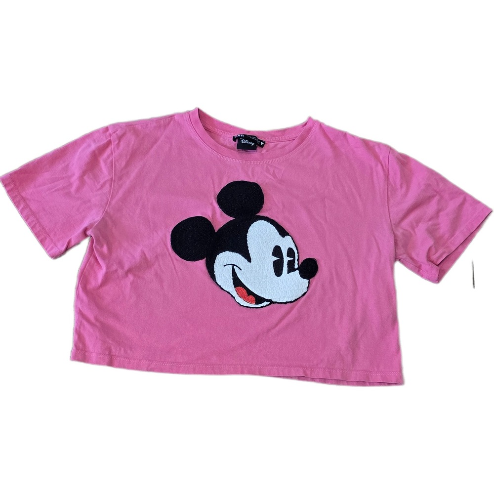 Zara Disney Mickey Mouse Pink Crop Top Short Sleeve Tee Chenille Patch Small